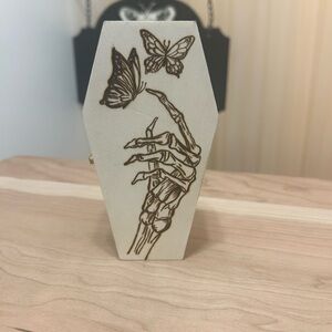 Skeleton Hand and Butterfly Wooden coffin shaped Box